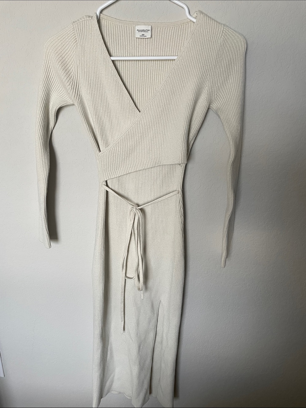 Abercrombie Cream Ribbed Wrap Maxi Dress with Tie Waist